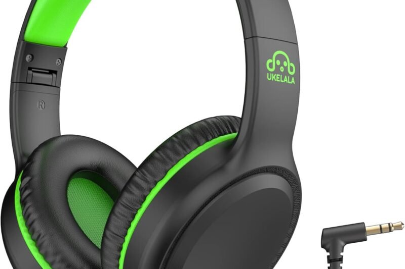 UKELALA U2 Wired Headphones for Kids for School Boys Girls w/ 3.5mm Jack | Foldable Lightweight Corded Head Phones On-Ear Compatible with Chromebooks Laptop Phones for Youth Student Child Black Green